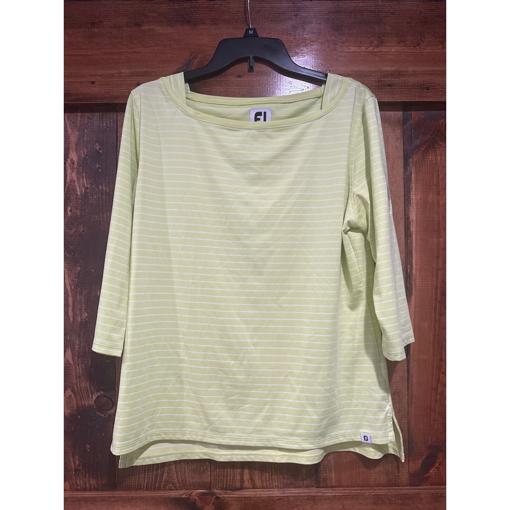 FootJoy Womens Lime Green Striped 3/4 Sleeve Golf Top Large Shadow Ridge‎ FJ